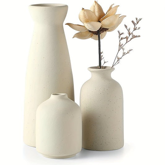 Rustic Elegance: Trio of Beige and White Ceramic Vases Beige Vixilly