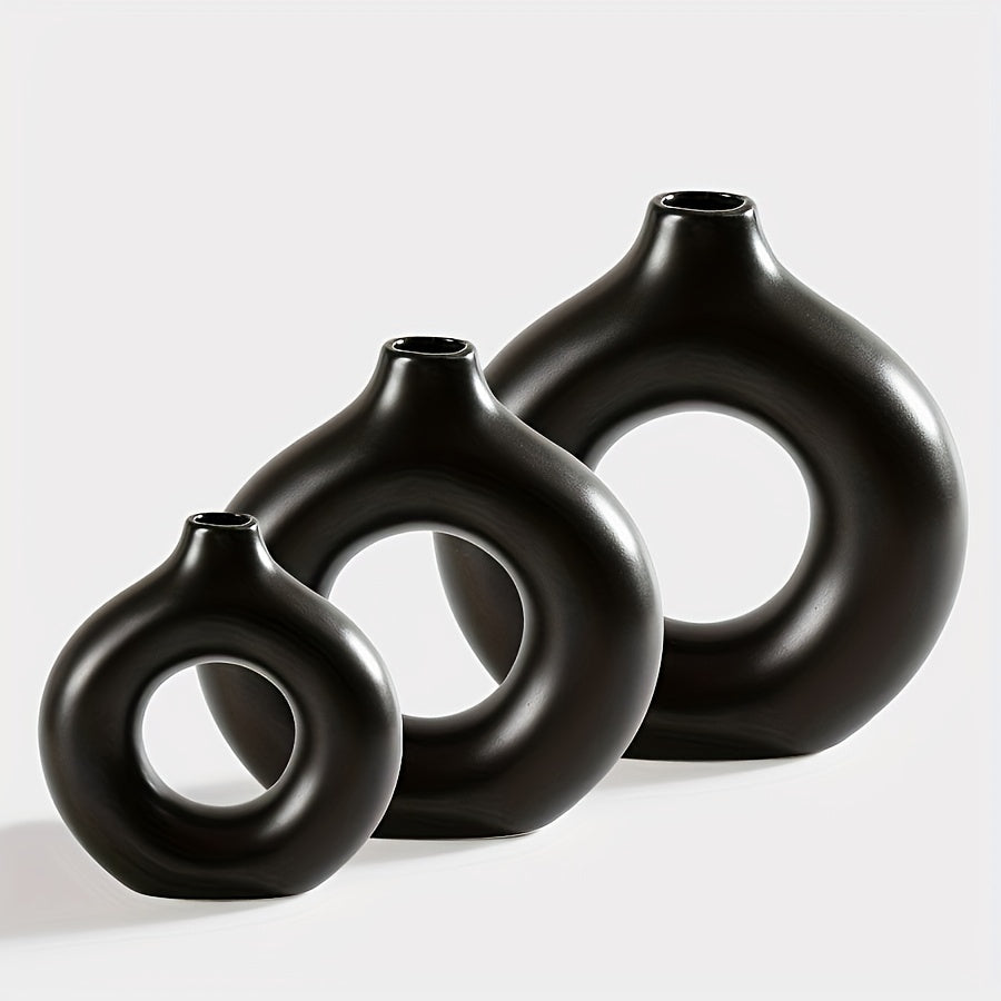 Boho Chic Trio: Modern Donut Ceramic Vase Set Back Set Vixilly
