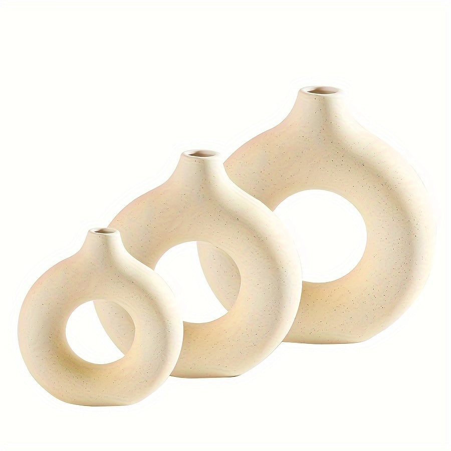 Boho Chic Trio: Modern Donut Ceramic Vase Set Beige Set Vixilly