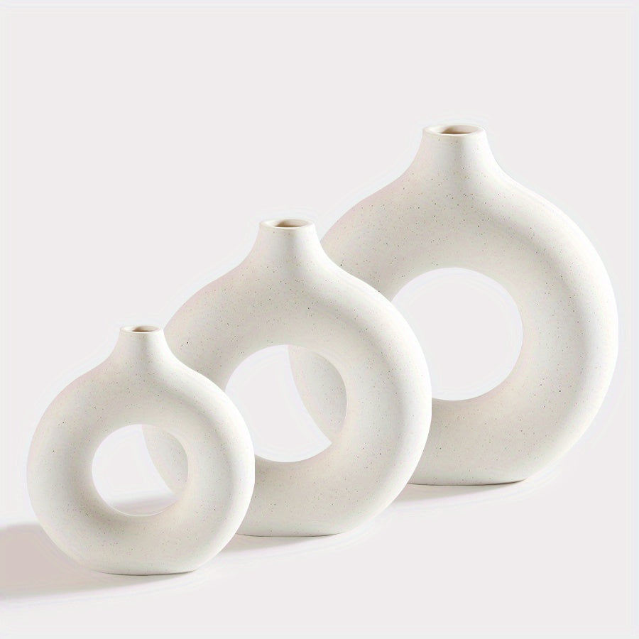 Boho Chic Trio: Modern Donut Ceramic Vase Set White Set Vixilly