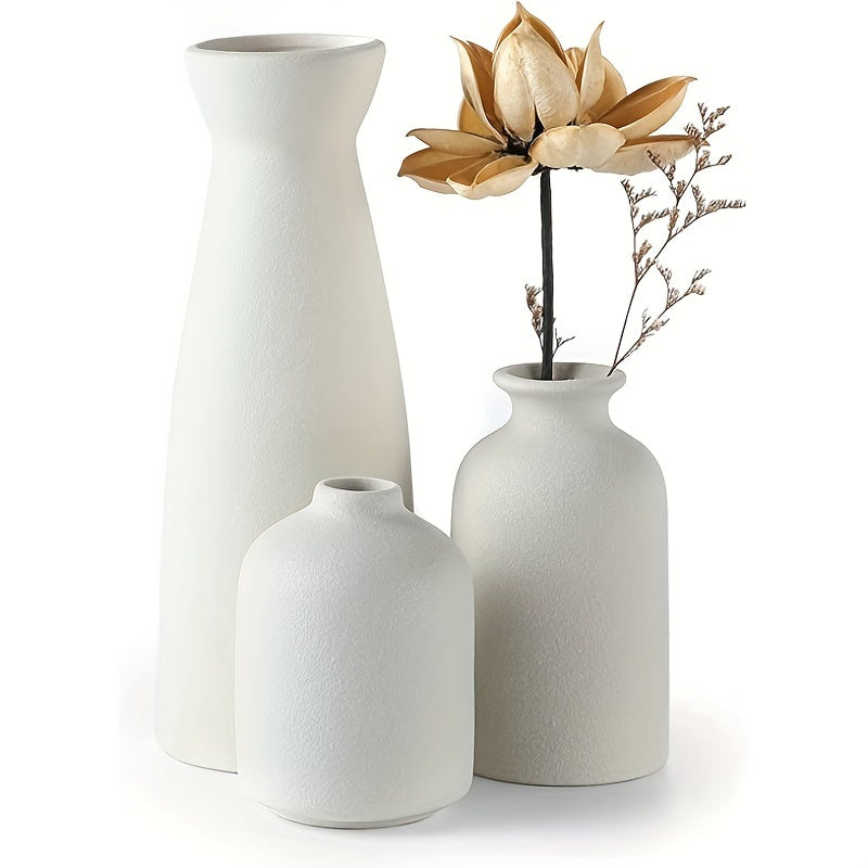 Rustic Elegance: Trio of Beige and White Ceramic Vases White Vixilly